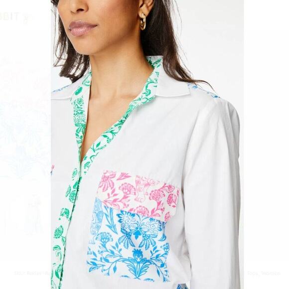 Roller Rabbit Aitona Long Sleeve Collar Poplin Button Down White Print Shirt XS - Picture 4 of 8